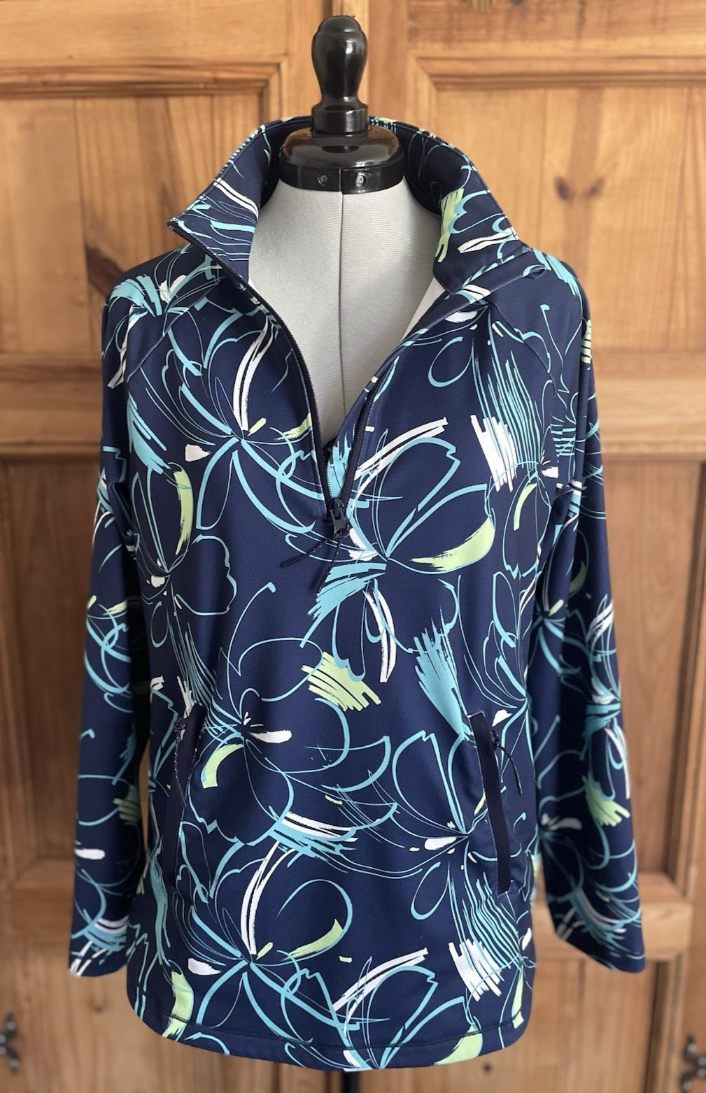 T by TALBOTS Activewear Top Womens Medium UPF 50+ Blue 1/4 Zip Pockets