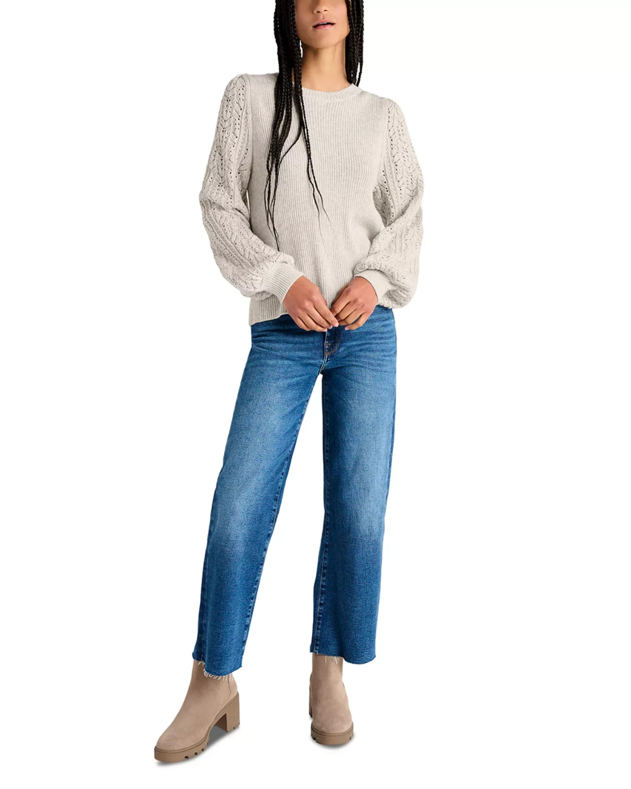 Splendid Womens Phoebe Pointelle Balloon Sleeve Sweater in Oat heather Size XS