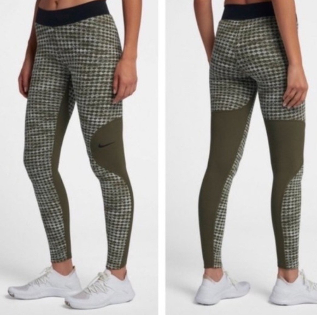 Nike womens Pro Hyper Warm Mock Neck Training Top/ Leggings Set Sz S Olive Green
