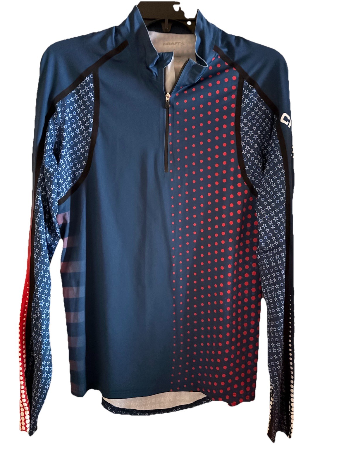 Craft Sport Navy Red Multi Print L/S 1/4 Zip Top Stretch Stars USA L