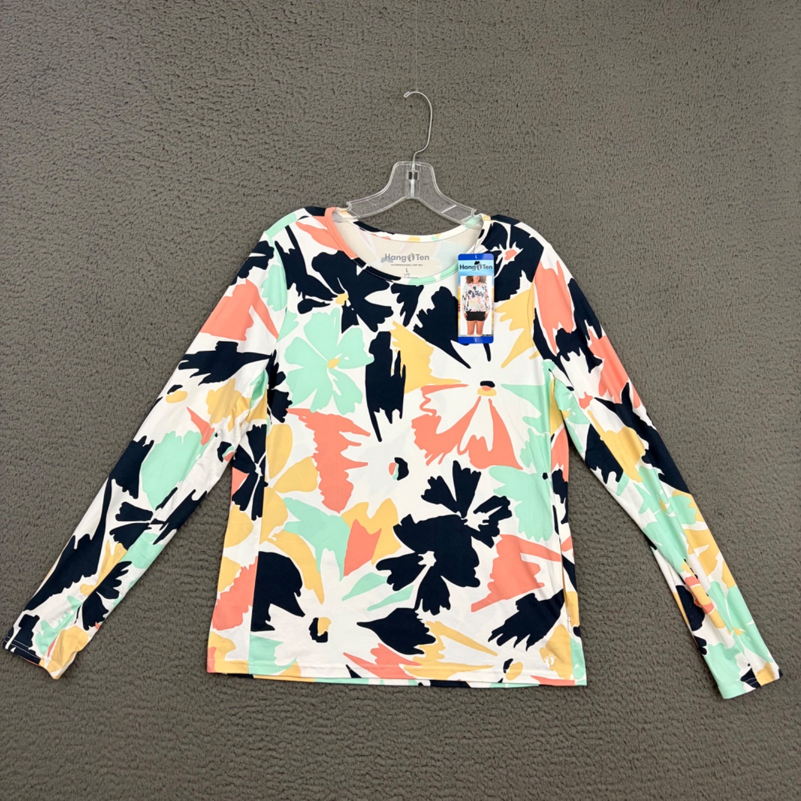 Hang Ten Top Womens Large Colorful Floral UV Protection Beach Long Sleeve Surf