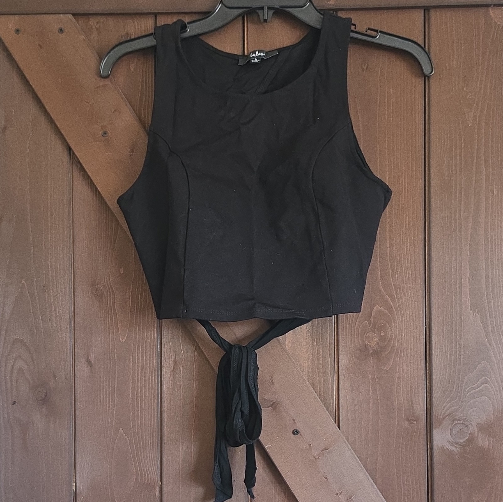 Lulus Women’s Black Cropped Tank Top Scoop Neck Tie Front Stretch Size 4
