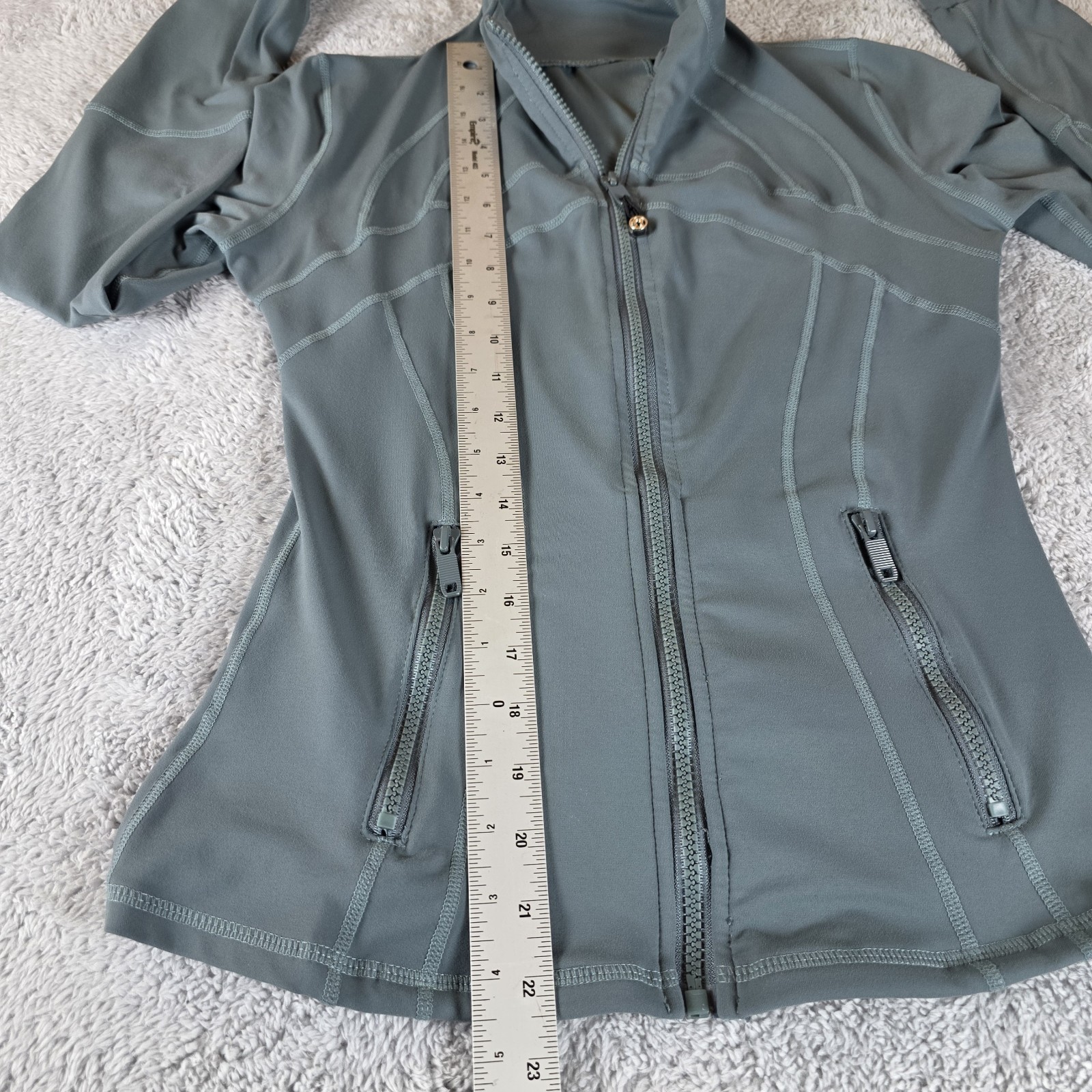 Lululemon Define Jacket Grey Eucalyptus Nulu Full Zip Green Grey Sz 6 16″P2P