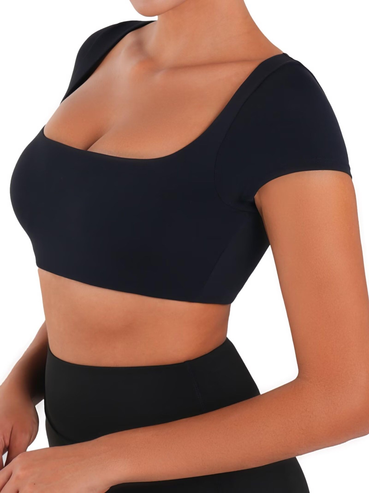 Womens Short Sleeve Crop Top with Built in Bra Athletic Yoga T Shirt Casual F…