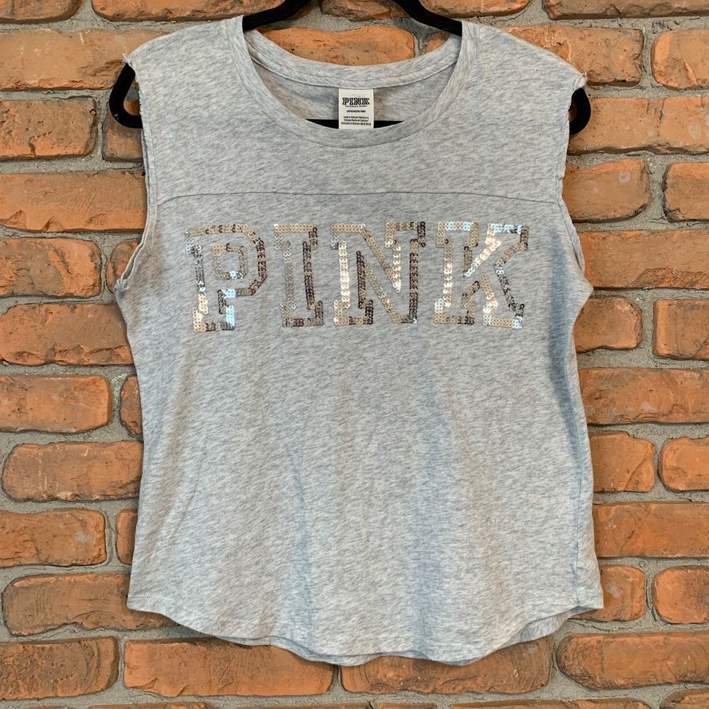 PINK Victoria’s Secret Women Small Tank Top Gray Silver Muscle Sequin Logo Bling