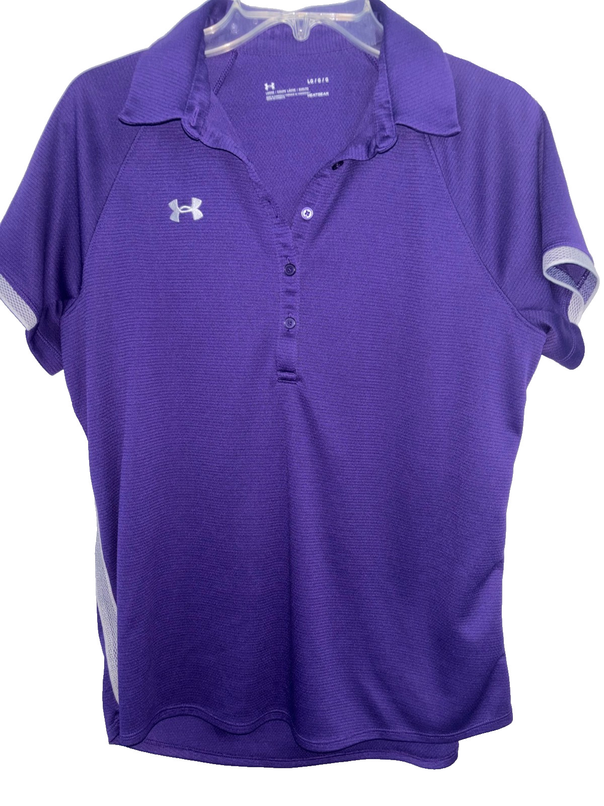 Women’s Under Armour Purple Polo shirt top Heat Gear Size Large Loose fit