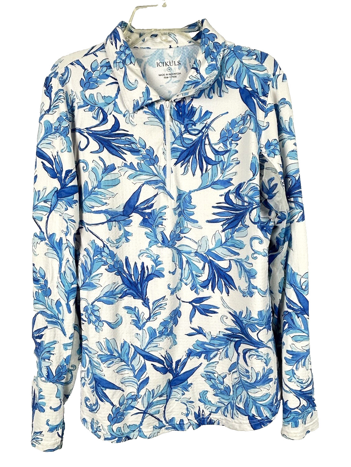icikuls Top Medium Blue White Floral Polo 1/4 Zip Golf Tennis Pickleball Shirt