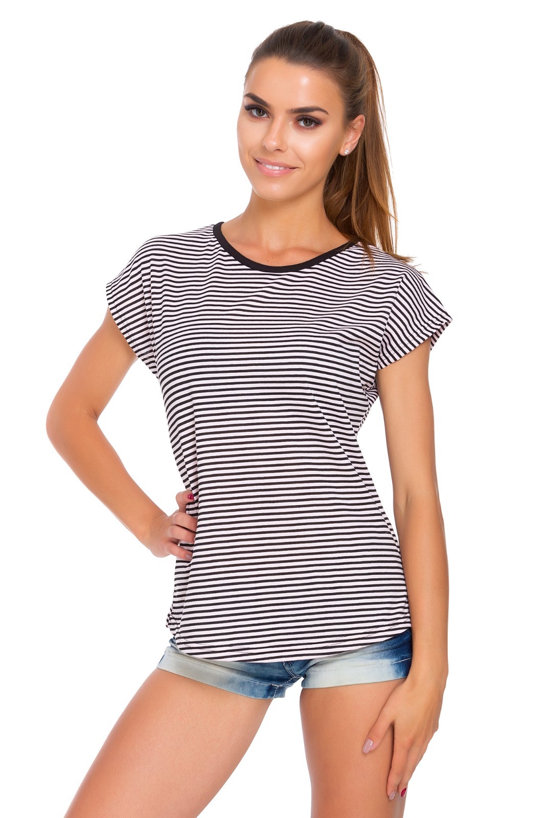 Ladies New Crew Neck T-Shirt Short Sleeves Tee Hip Length Striped Blouse FB335