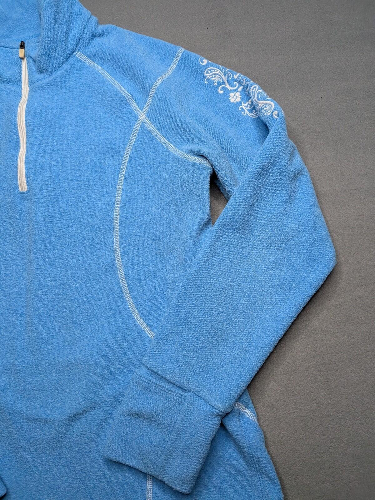 Athleta Pullover Top Womens S Blue Floral Fleece Mock Neck 1/4 Zip Thumbholes
