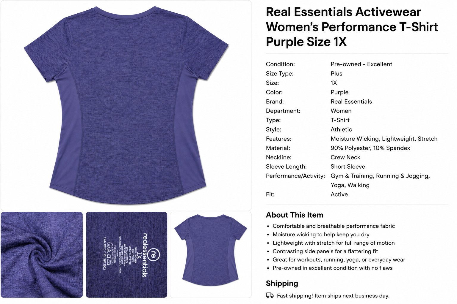 Real Essentials Women’s Performance Blue T-Shirt Size XL Activewear