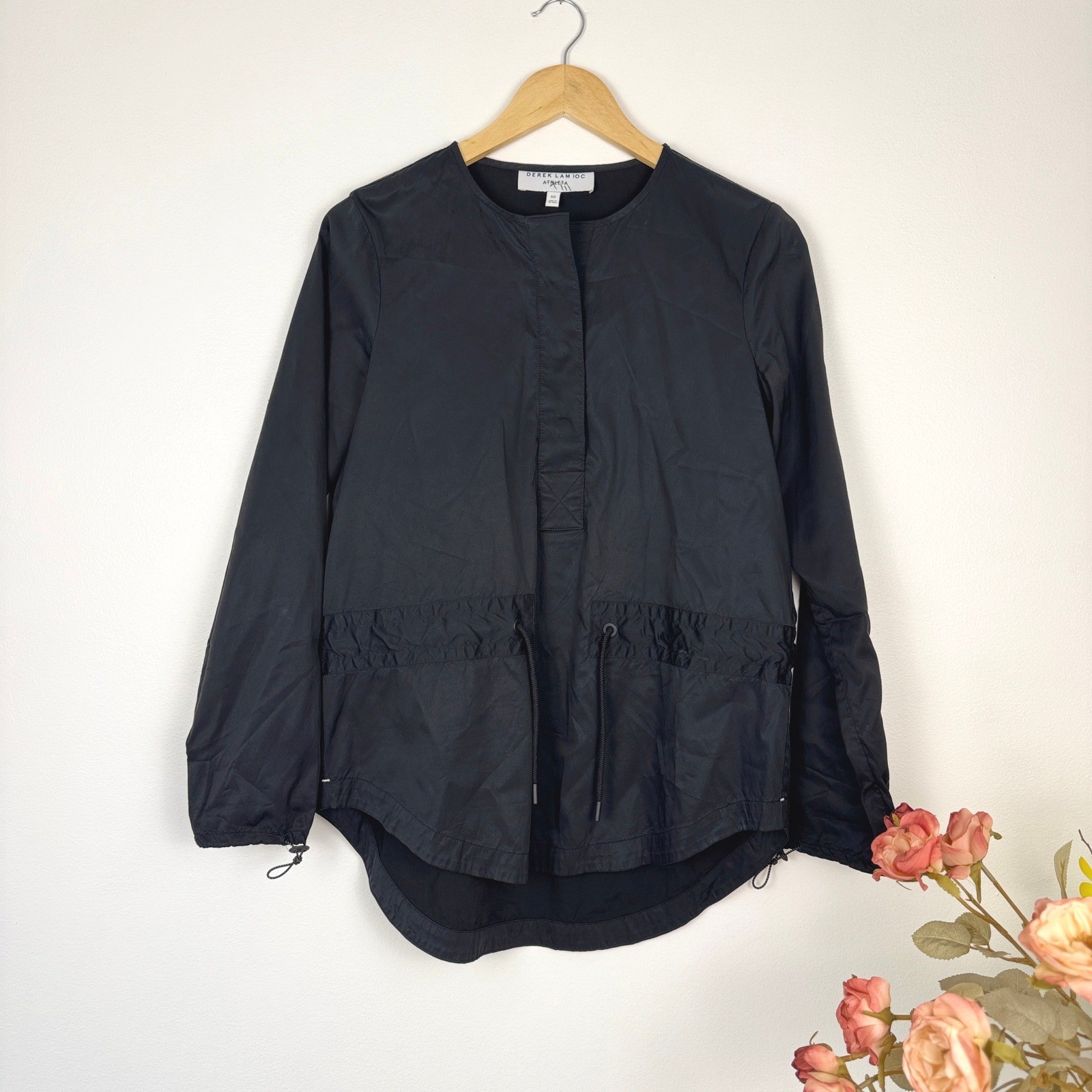 Derek Lam 10C Athleta Black Top XS Drawstring Waist Long Sleeve Athleisure