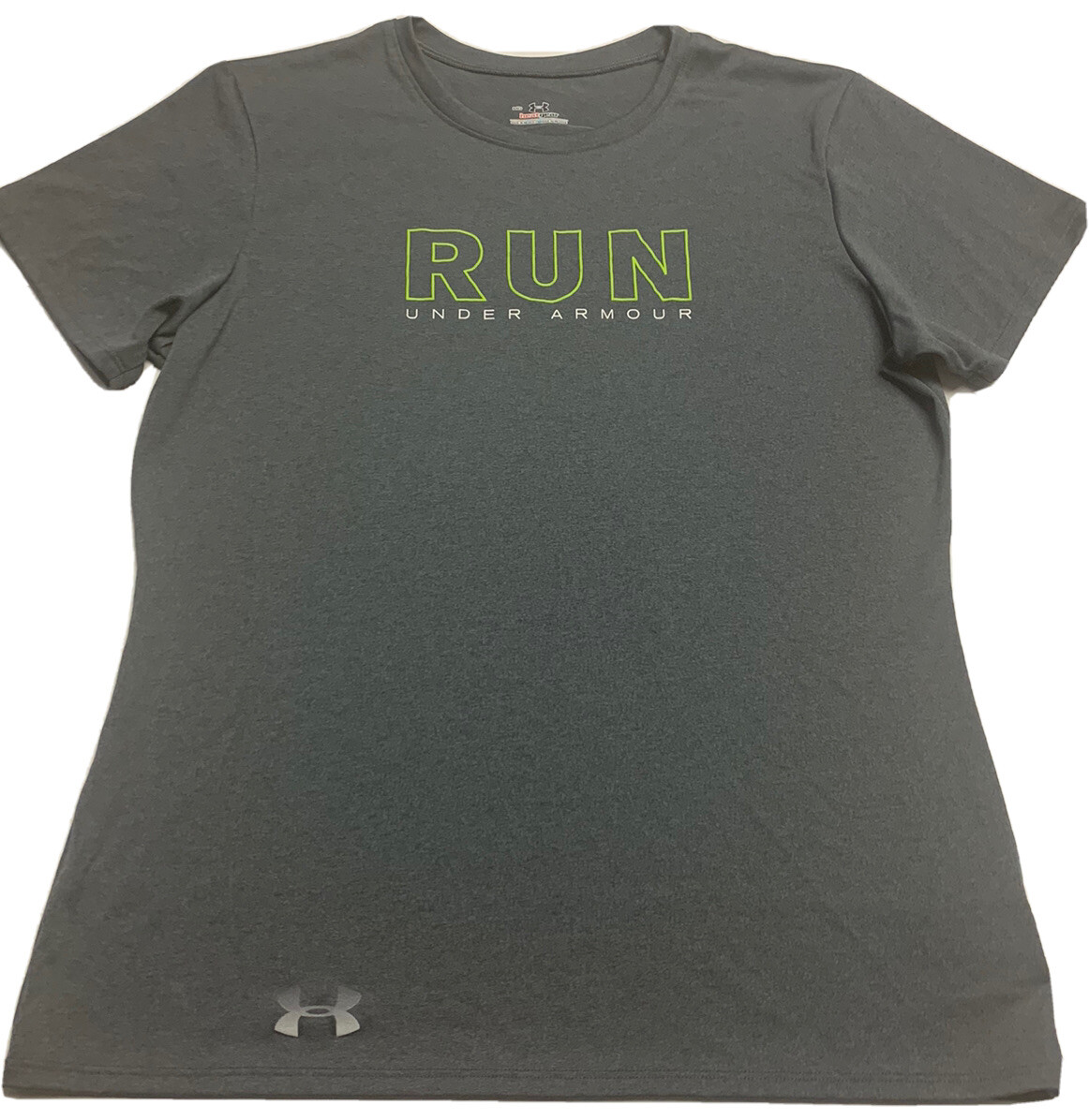 UNDER ARMOUR Shirt Womens Medium Gray Short Sleeved Semi Fitted Heat Gear Run