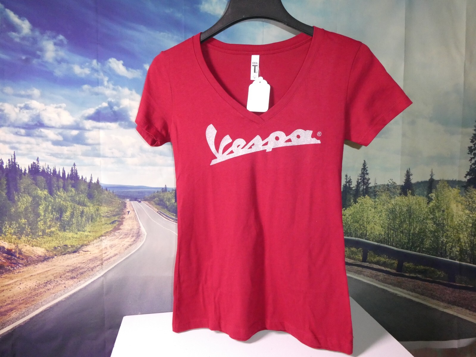 Vespa T-Shirt Ladies V-Neck Dealer Logo Super Soft Cotton Scooter Tee VT-19/M L8
