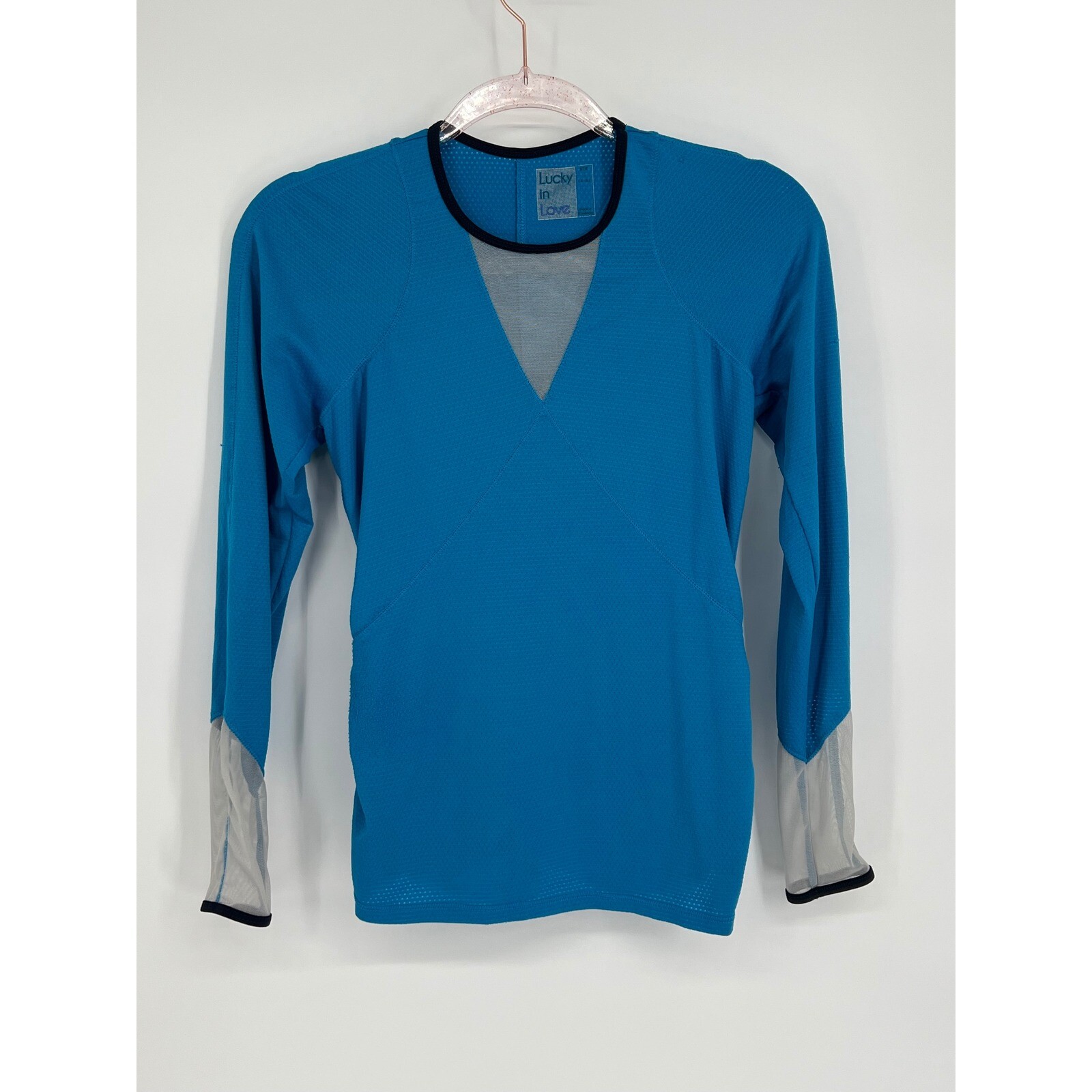 Lucky in Love Athletic Top Long Sleeve Mesh Teal Blue Tennis Golf Small