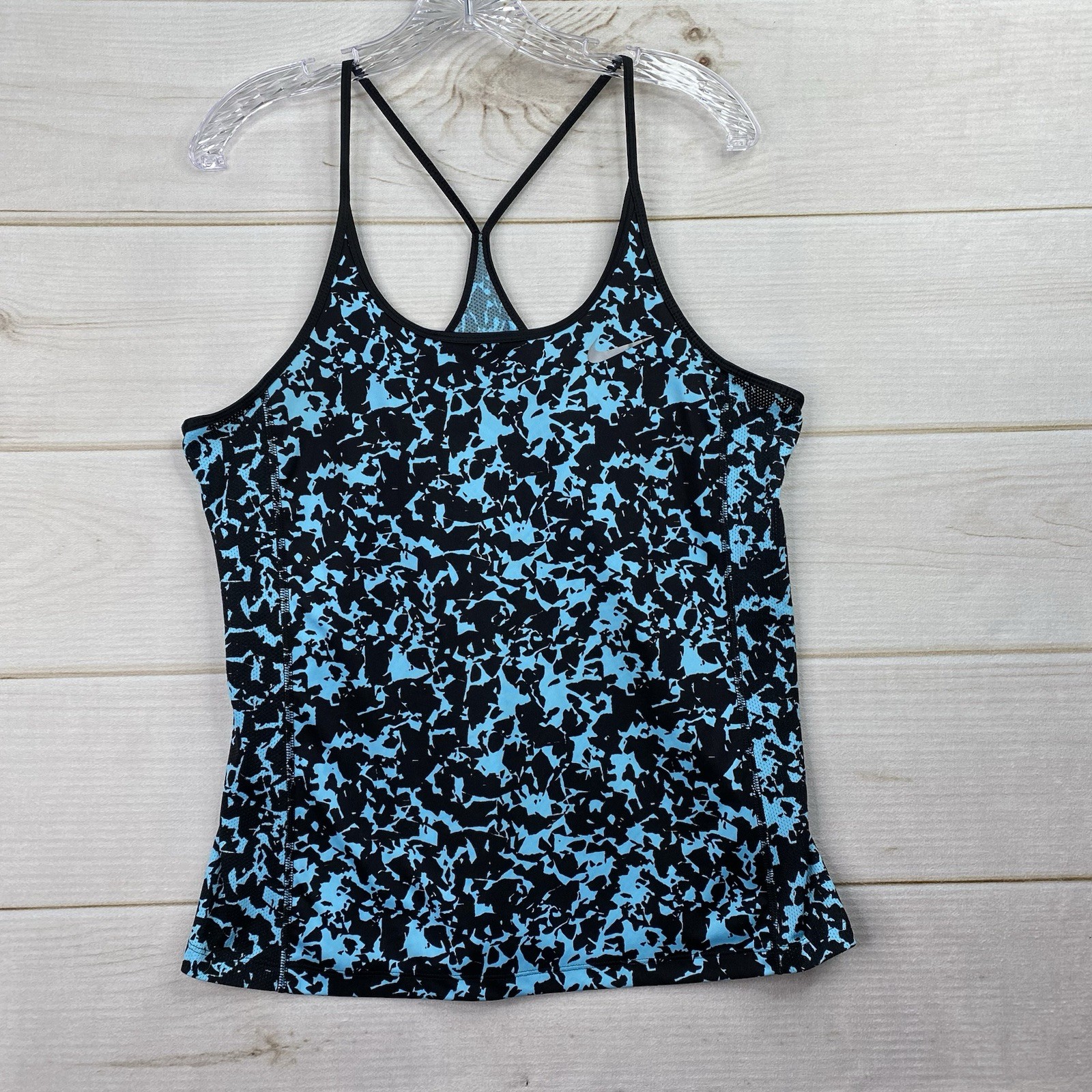 Nike Womens Tank Top Sz L Blue Black Animal Print Strappy T Back Dri Fit Running