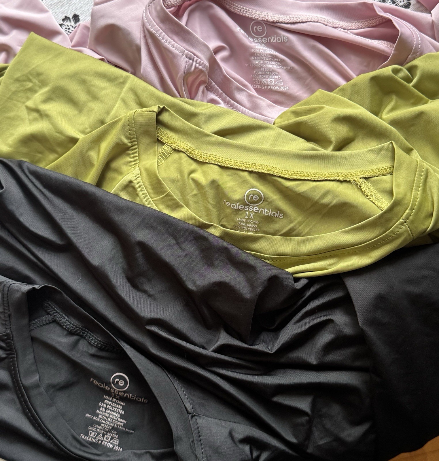 3 Real Essentials Womens 1X Long Sleeve Active Shirts Black, Green & Pink NWOT