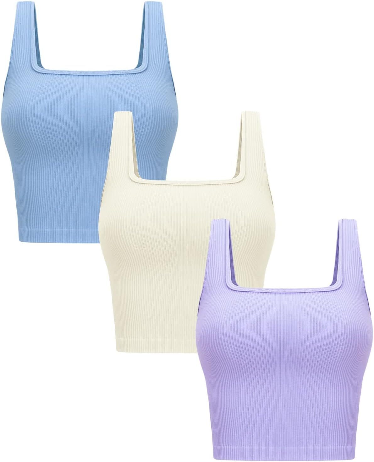 Womens 3 Pack Crop Tank Tops Basic Seamless Ribbed Sleeveless Square Neck Top