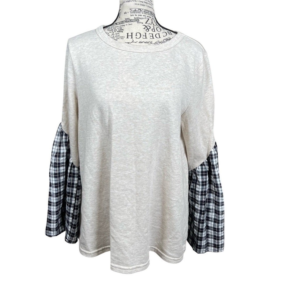 Doe & Rae Cream Knit Top with Black & White Plaid Bell Sleeves