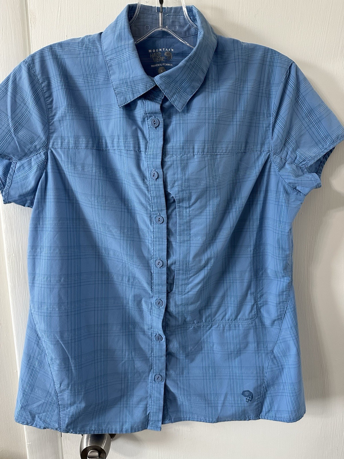 Mountain Hardwear Hiking Shirt Womens 6 Button Up Short Sleeve Blue Camping
