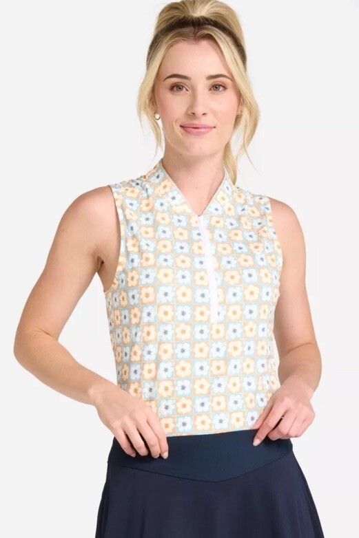 Womens Bad Birdie 🐥 Polo Sz M Golf Flower Power Sleeveless Blue Orange New