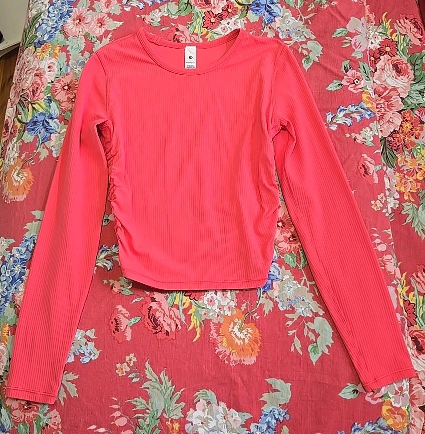 Lululemon All It Takes Nulu Long Sleeve Shirt Glaze Pink Ruched Crop Top Size 4