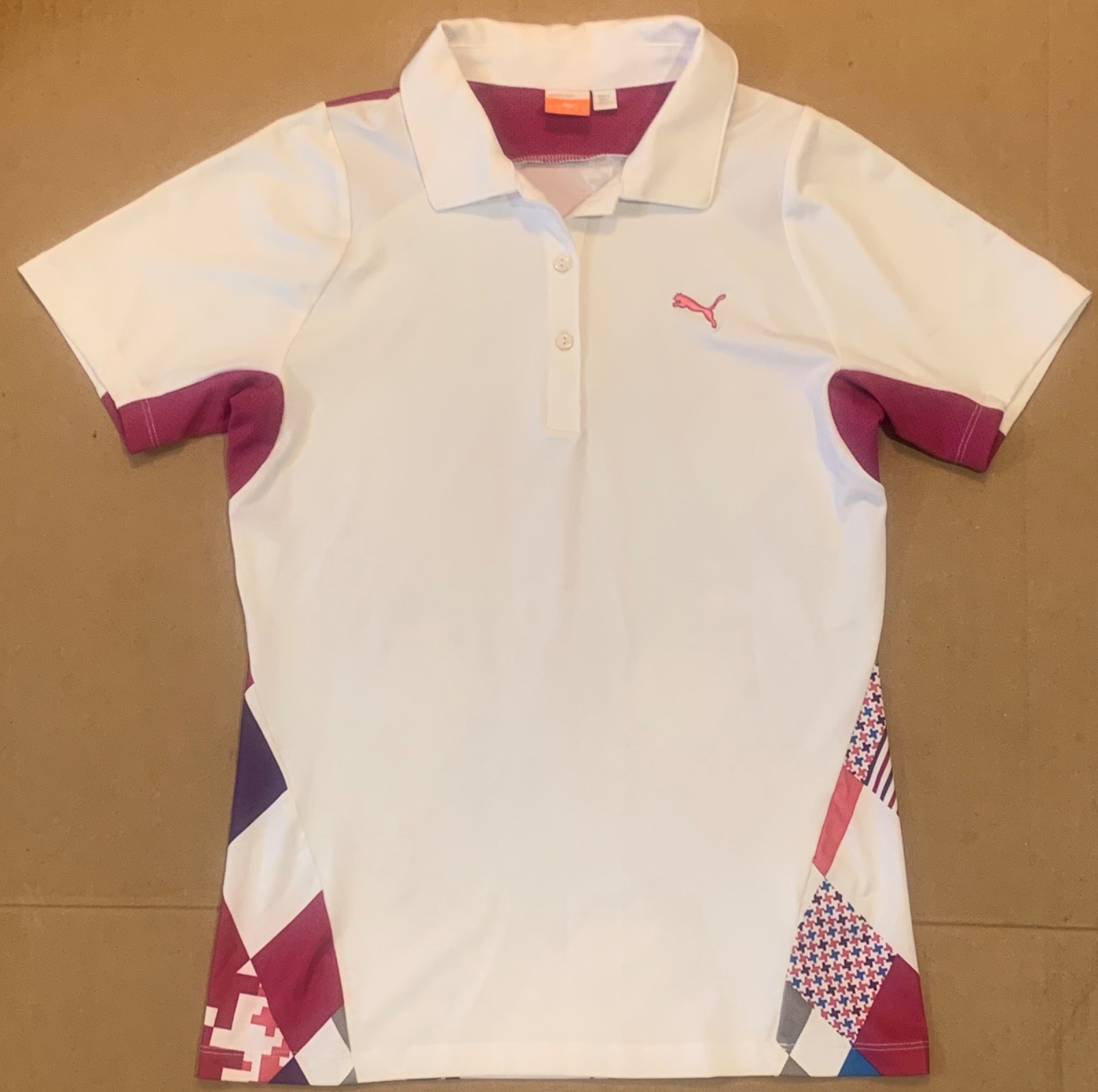 Womens Puma White Lifestyle Sport Short Sleeve Argyle Back Polo Shirt Size Small