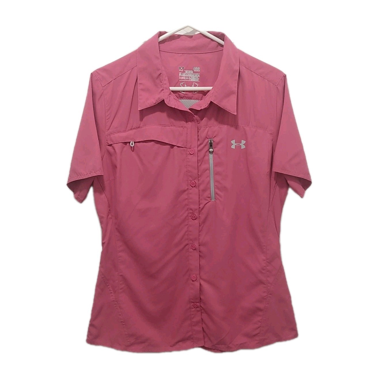 Under Armour Offshore Semi Fitted Heat gear Button Down Fishing Shirt Pink L