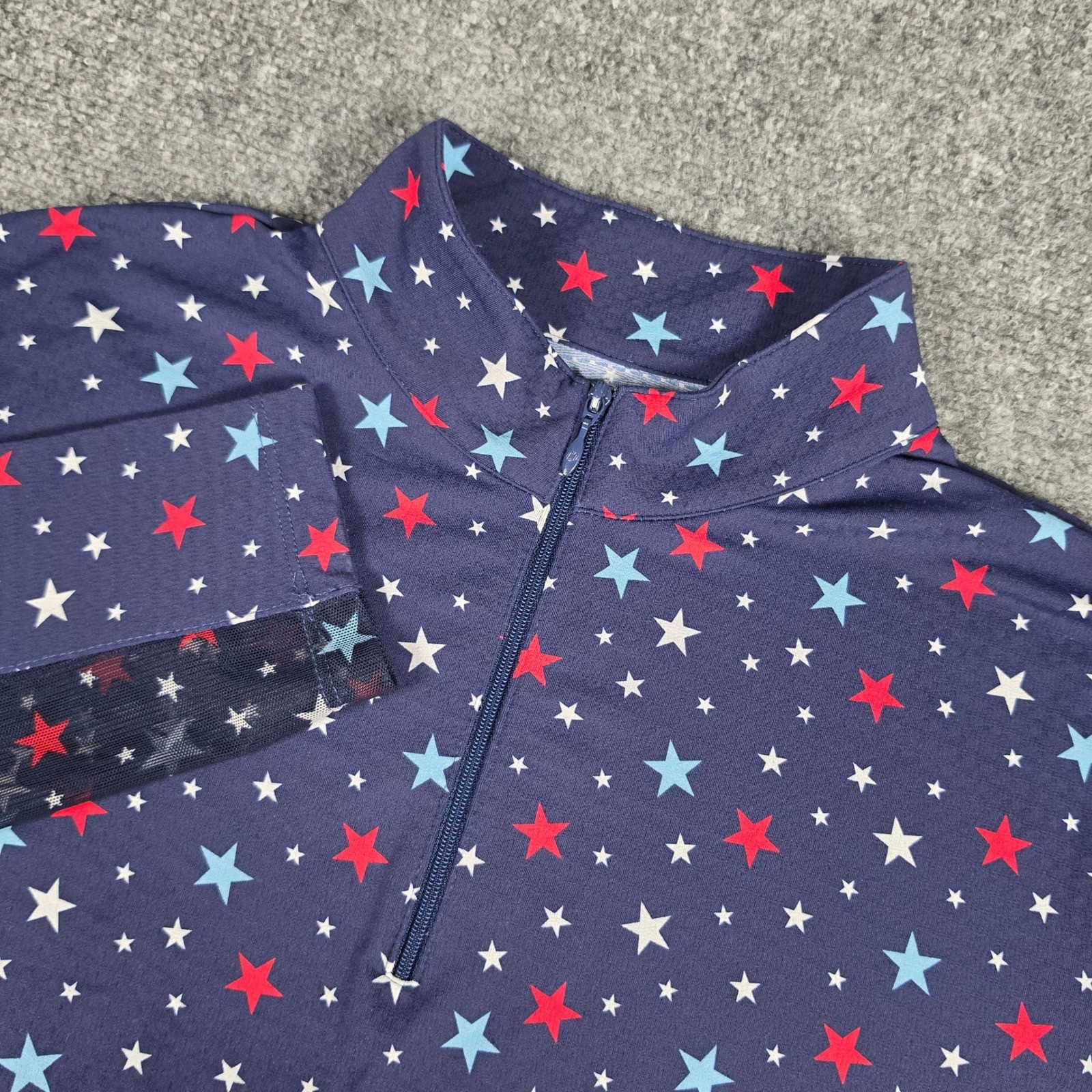 IBKUL Quarter Zip Sun Shirt Womens Large Navy Blue Red Star Print Mesh UPF 50+