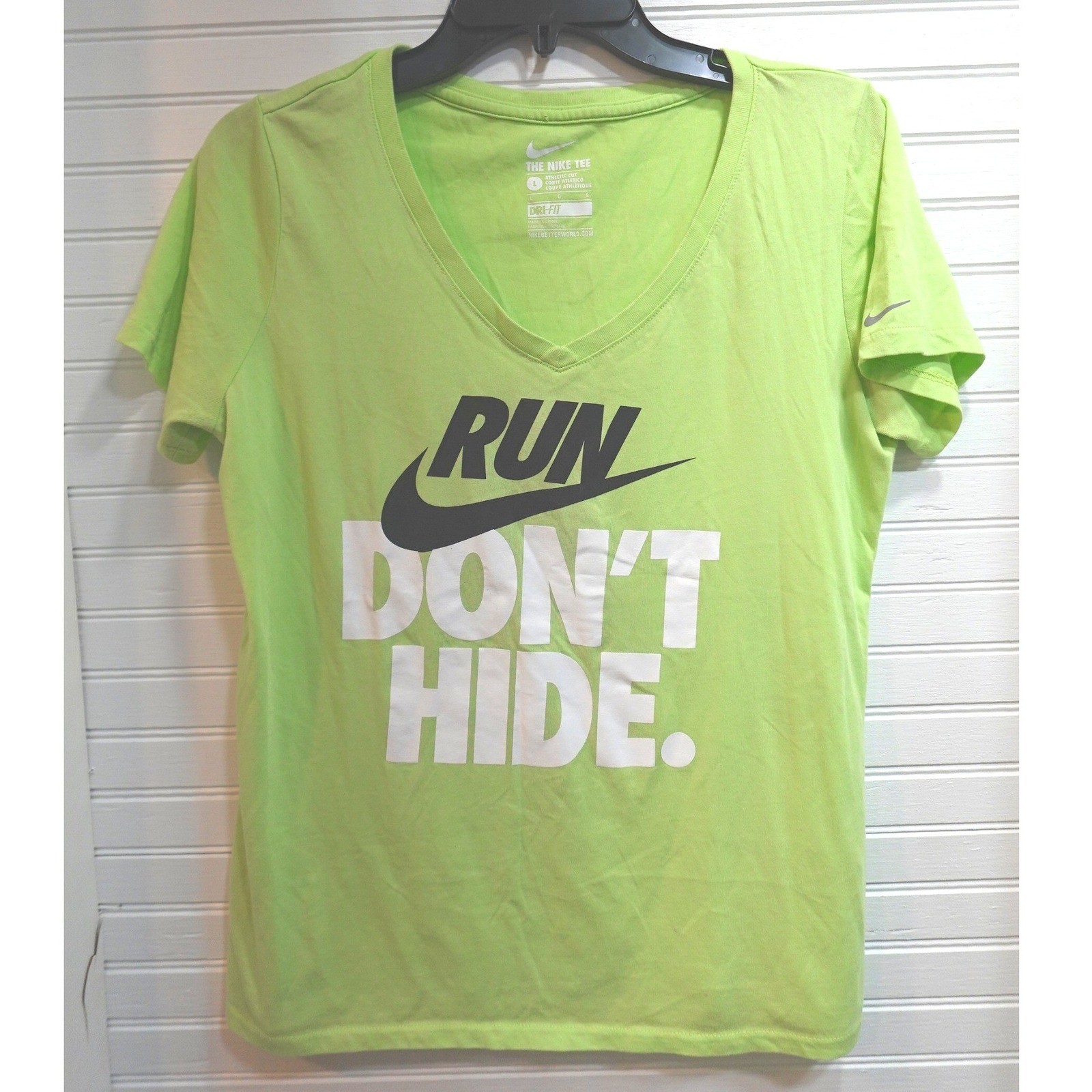 Nike Dri-Fit V-Neck T-shirt Women’s Size Large Neon Green RUN DON’T HIDE Tee