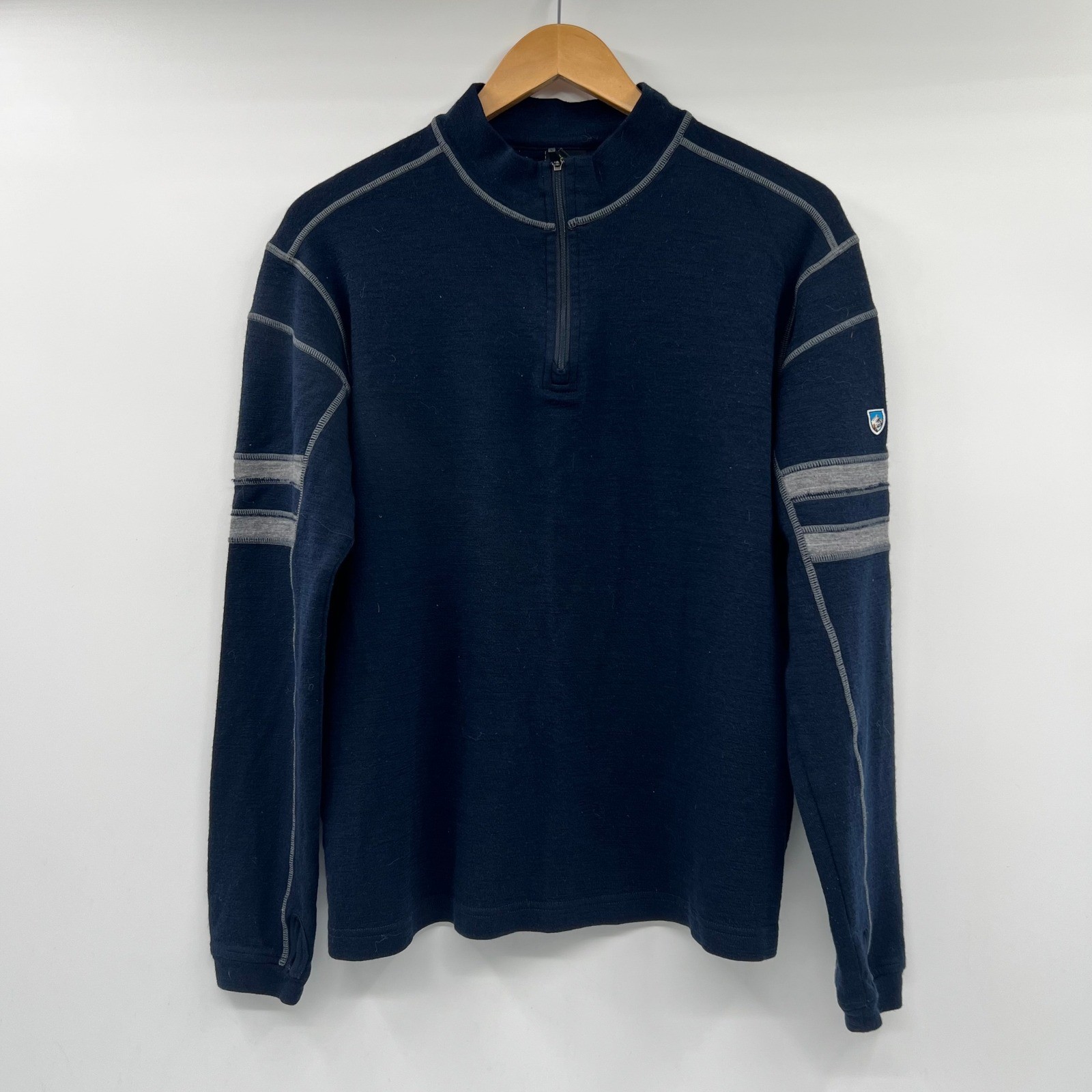 Kuhl Womens Navy Blue Quarter Zip Pullover Thumbhole Stripe Sweater Large