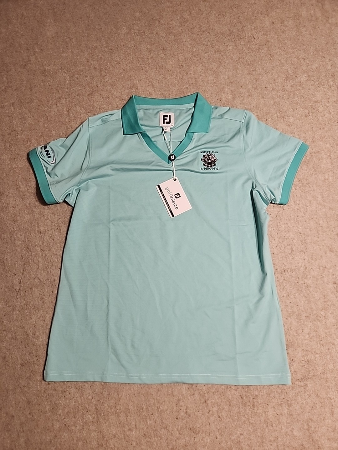 NWT FootJoy Women open collar green Micro Stripe Golf Polo Whistling straights L