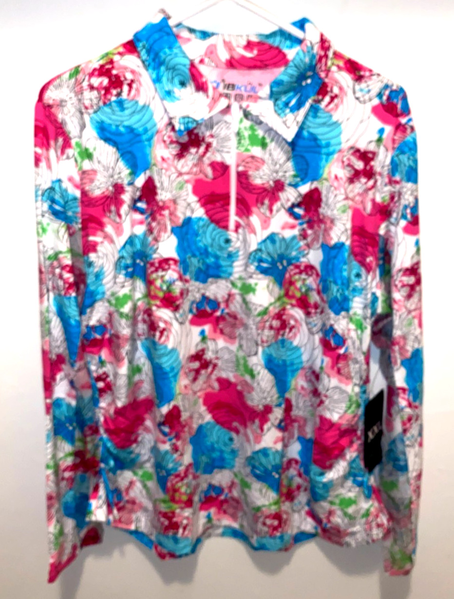 Ibkul Long Sleeve Adjustable Length Polo Shirt SPF 50 Womens XL Floral Pink NWT