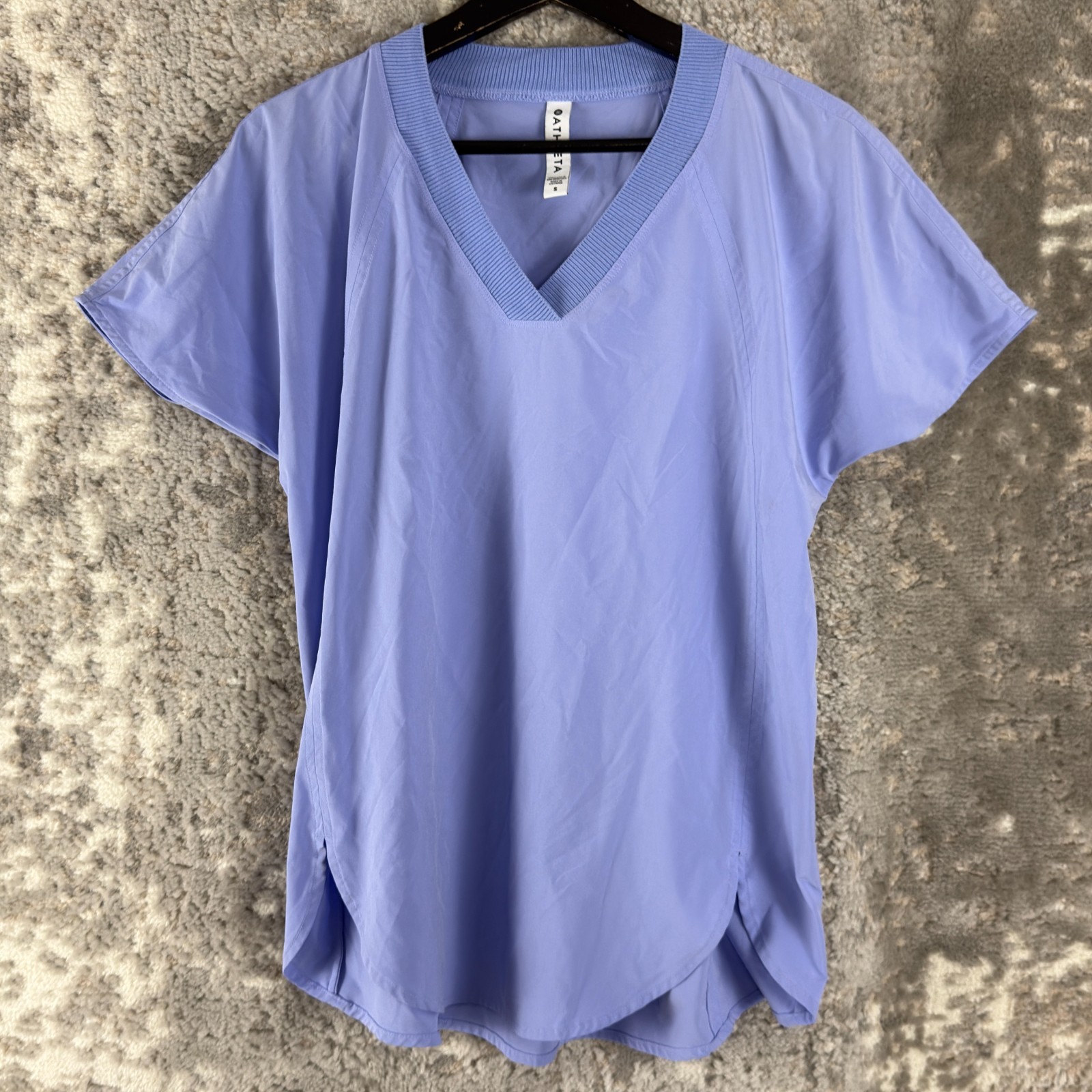Athleta Size S Athleisure Stretch V Neck Top Purple Blue Short Sleeve Casual