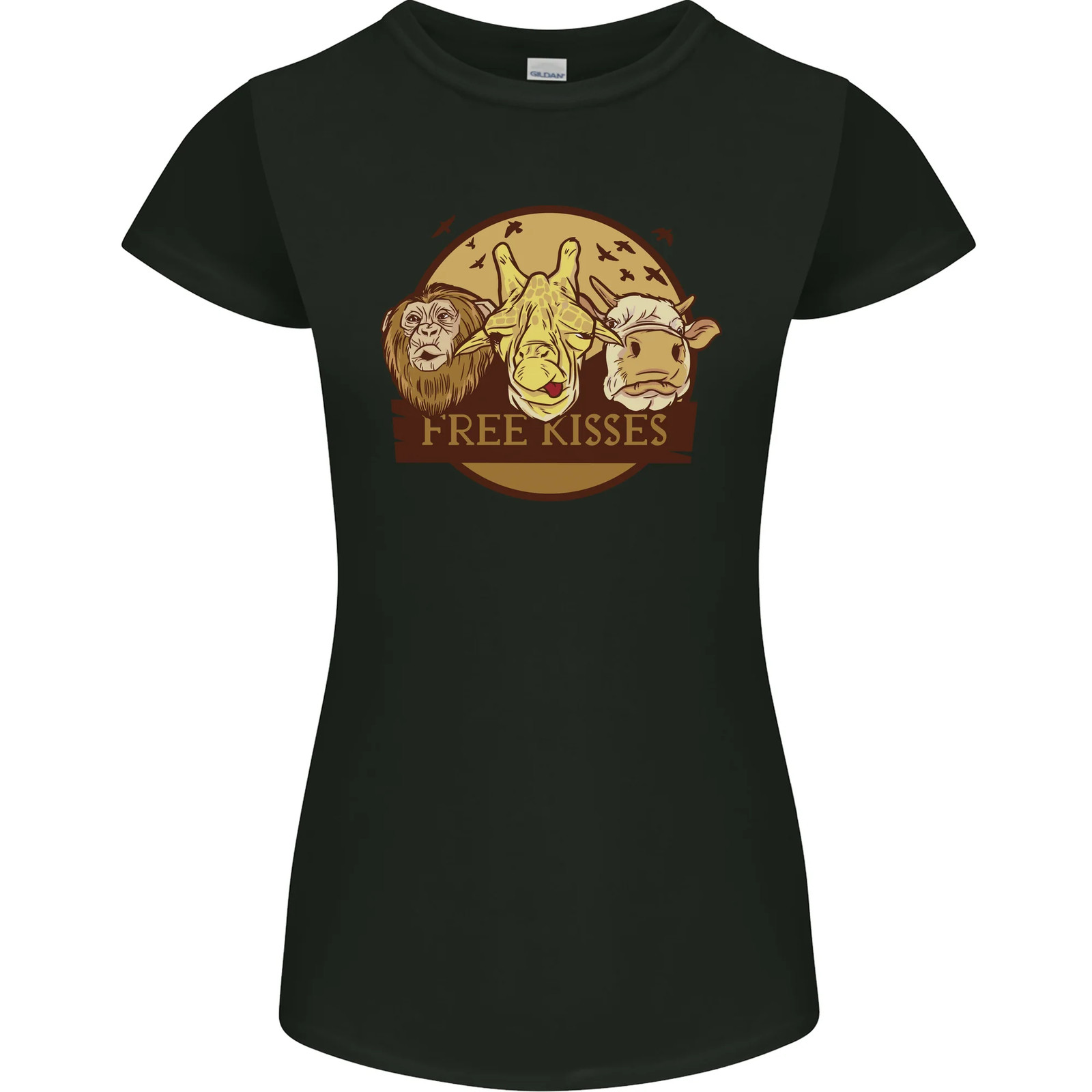 Free Kisses Animals Cow Monkey Giraffe Womens Petite Cut T-Shirt
