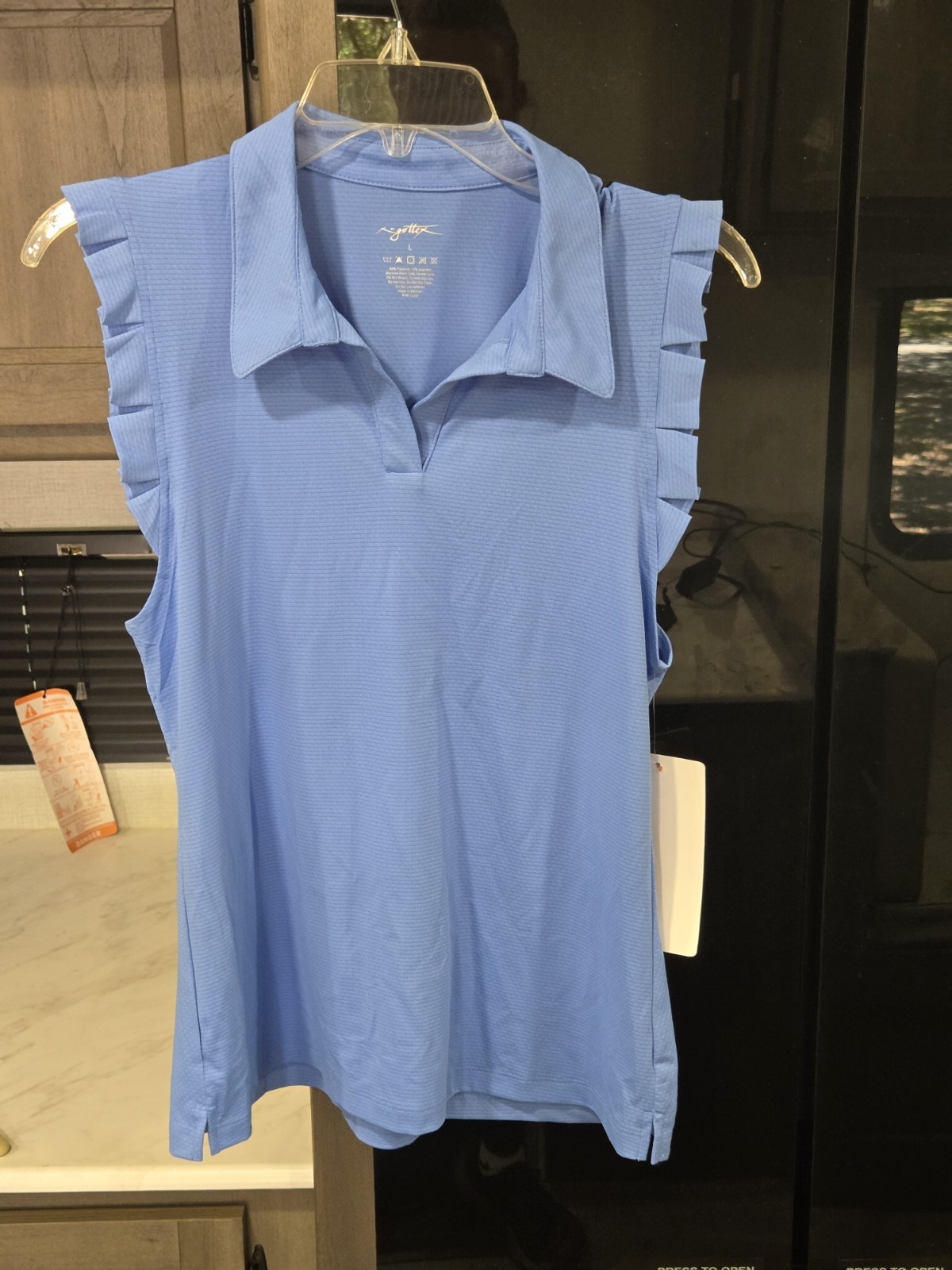 X by Gottex Flamingo Ruffle Sleeveless Golf Polo Tennis Women’s size L Blue NWT