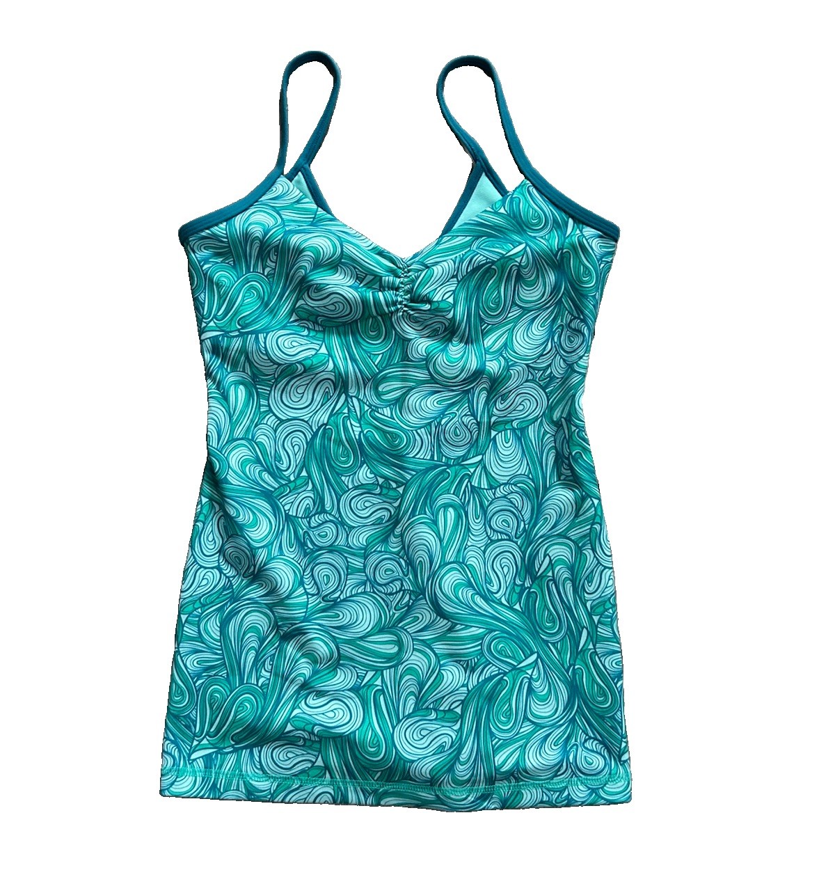Lululemon Power Y Tank Size 4 Teal Green Swirl Print Shelf Bra Cami Cinch Bust