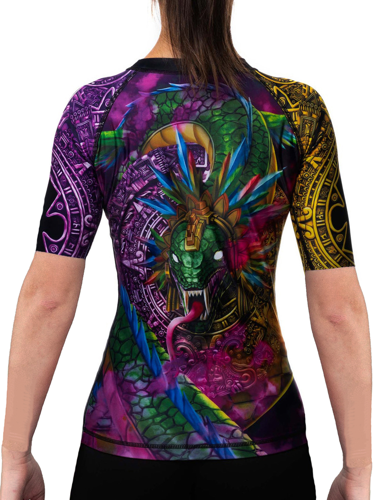 Raven Fightwear Women’s Aztec Quetzalcoatl Rash Guard Short Sleeve BJJ MMA Blac