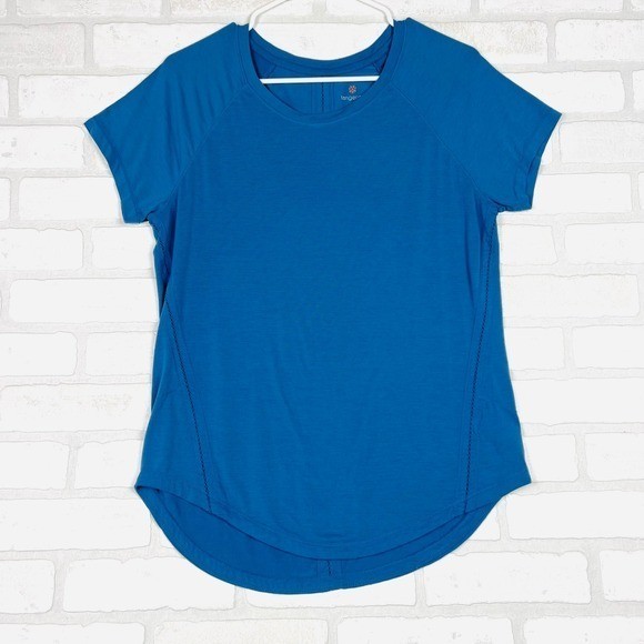 Tangerine Womens Blue Raglan Short Sleeve Activewear Top Curved Hem Size Medium