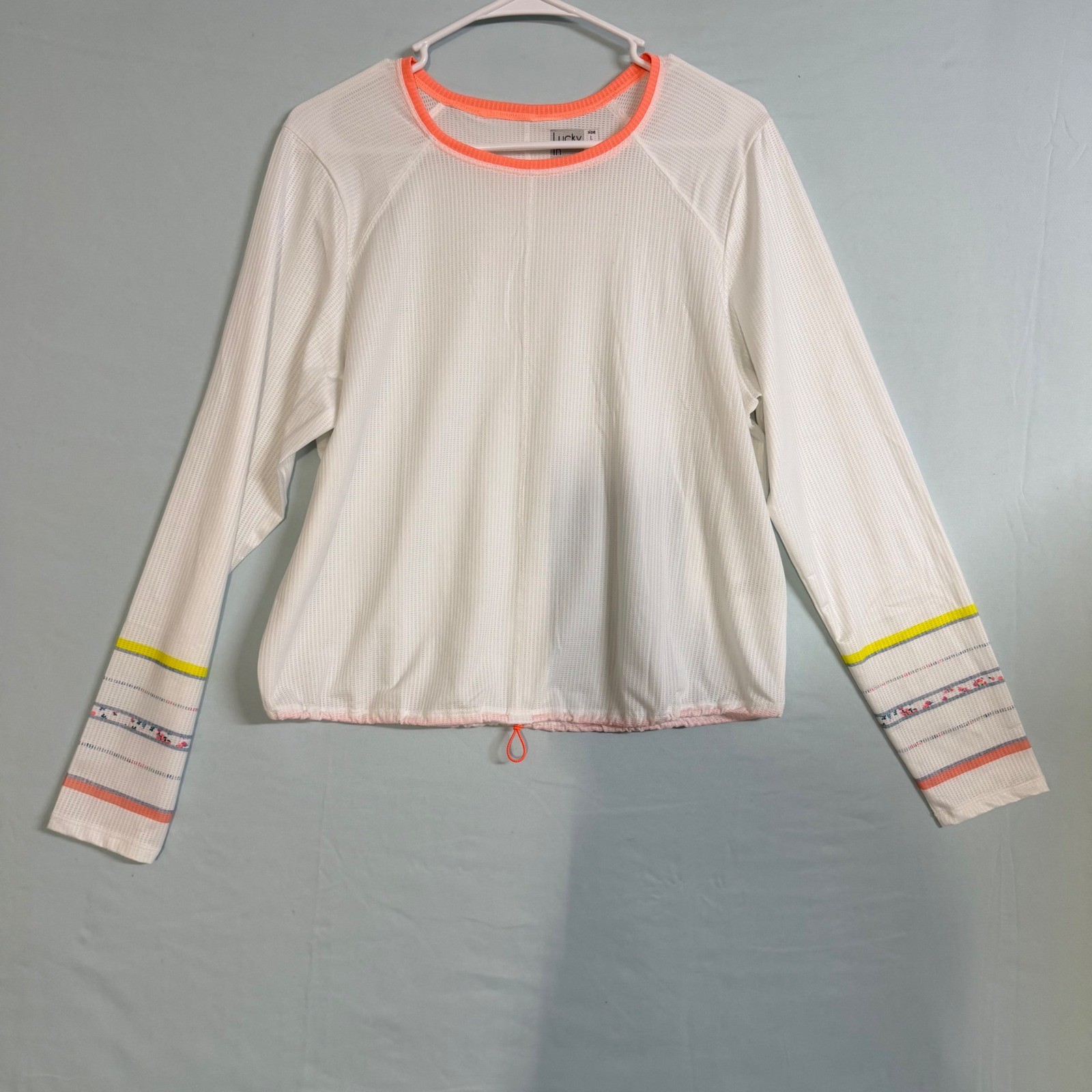 Lucky in Love Size-L Womens White Mesh Long Sleeve Tennis Top Neon Coral Trim