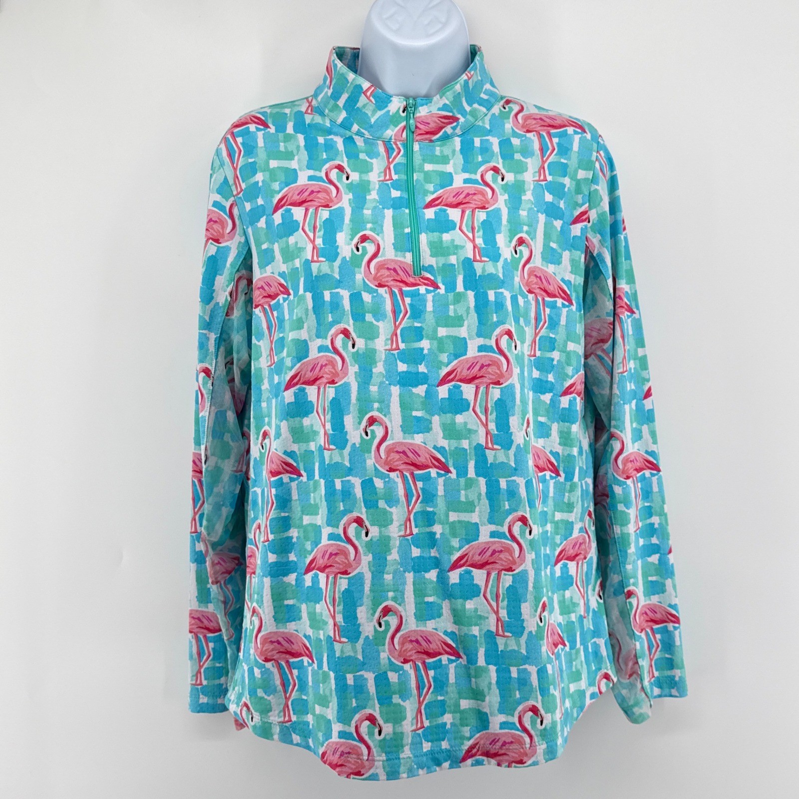 IBKUL Icefil 1/4 Zip Sun Shirt Flamingo Fun Long Sleeve Mock Neck Top L UPF 50+