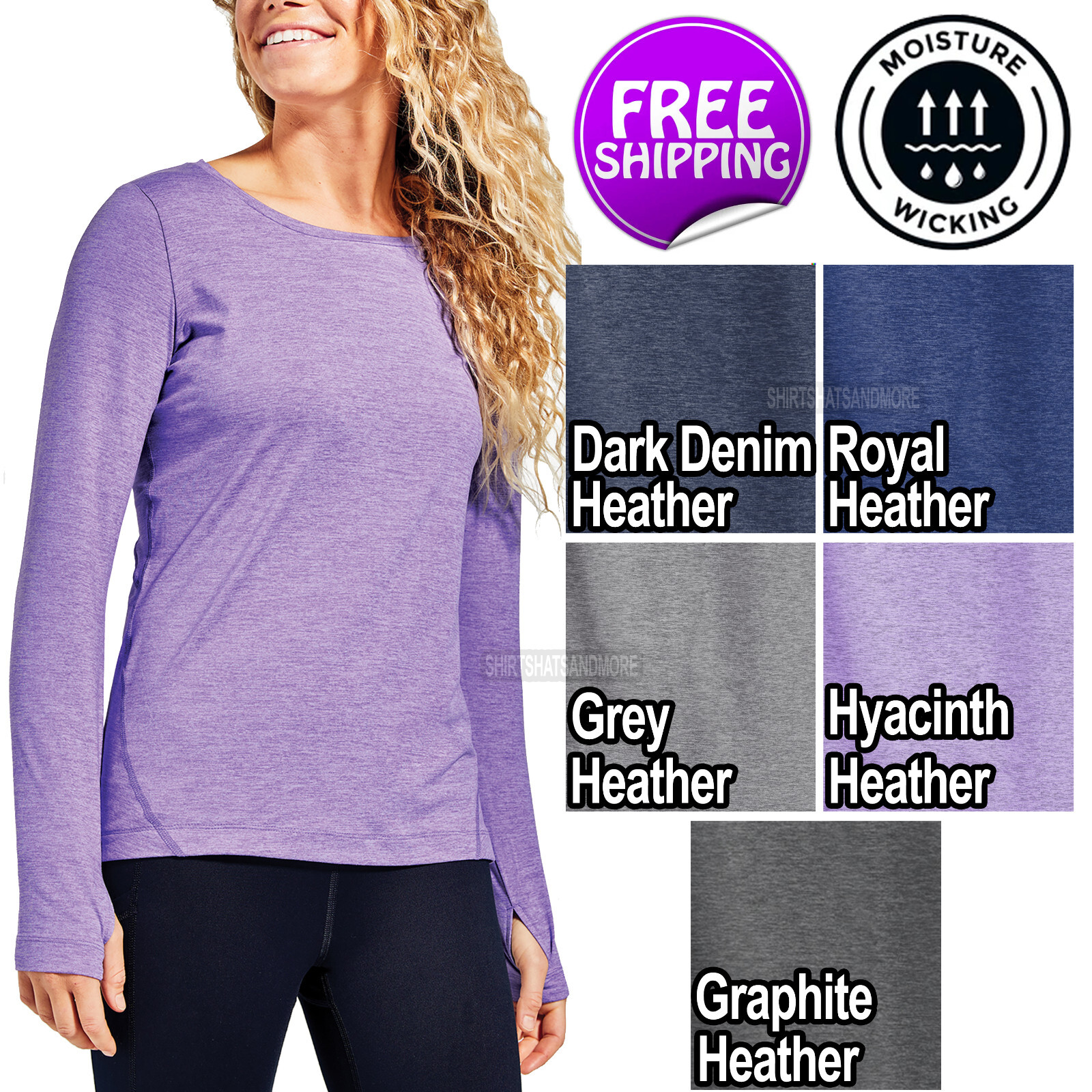 Womens Long Sleeve Moisture Wicking Tee Workout Exercise Thumbhole T-Shirt XS-4X