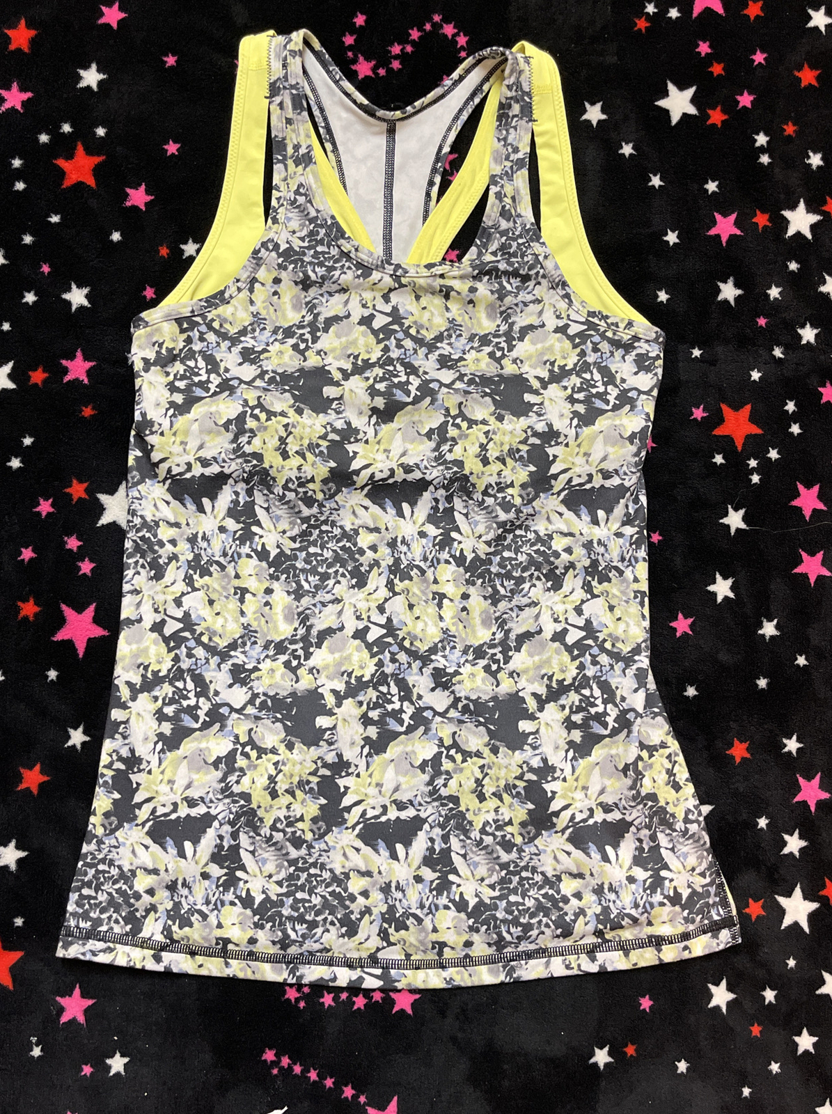LULULEMON Inspiration Tank Top Crosscourt Petal Black Yellow Shelf Bra Sz 4