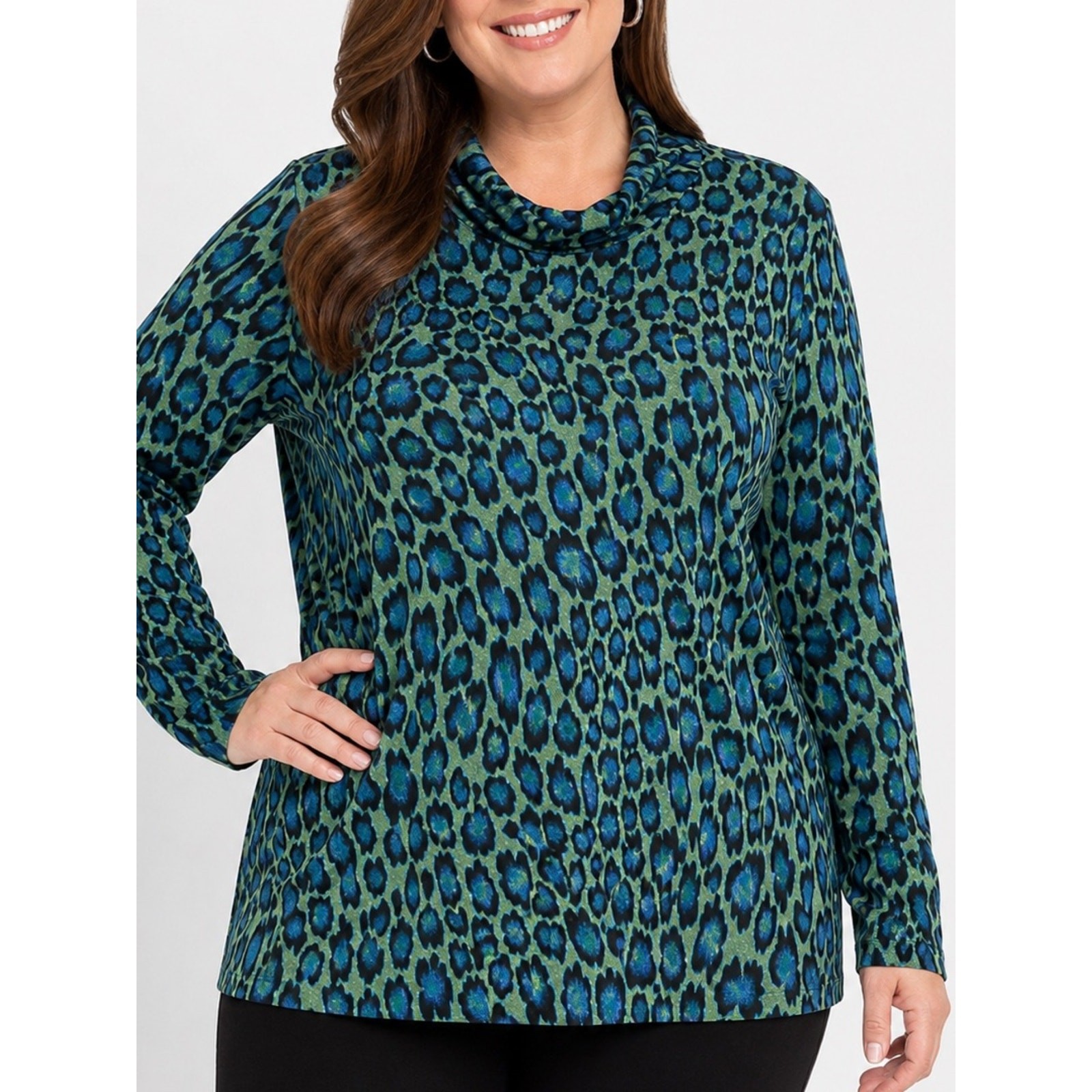 Susan Graver Animal Print Top 3X Blue Green Leopard Mock Neck Stretch Knit