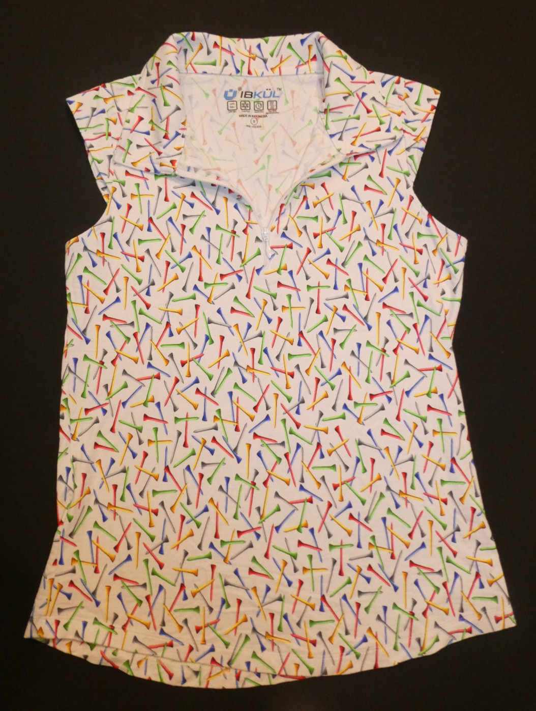 IBKUL women’s multi-colored golf tee print stretch UPF50+ sleeveless top Sz S