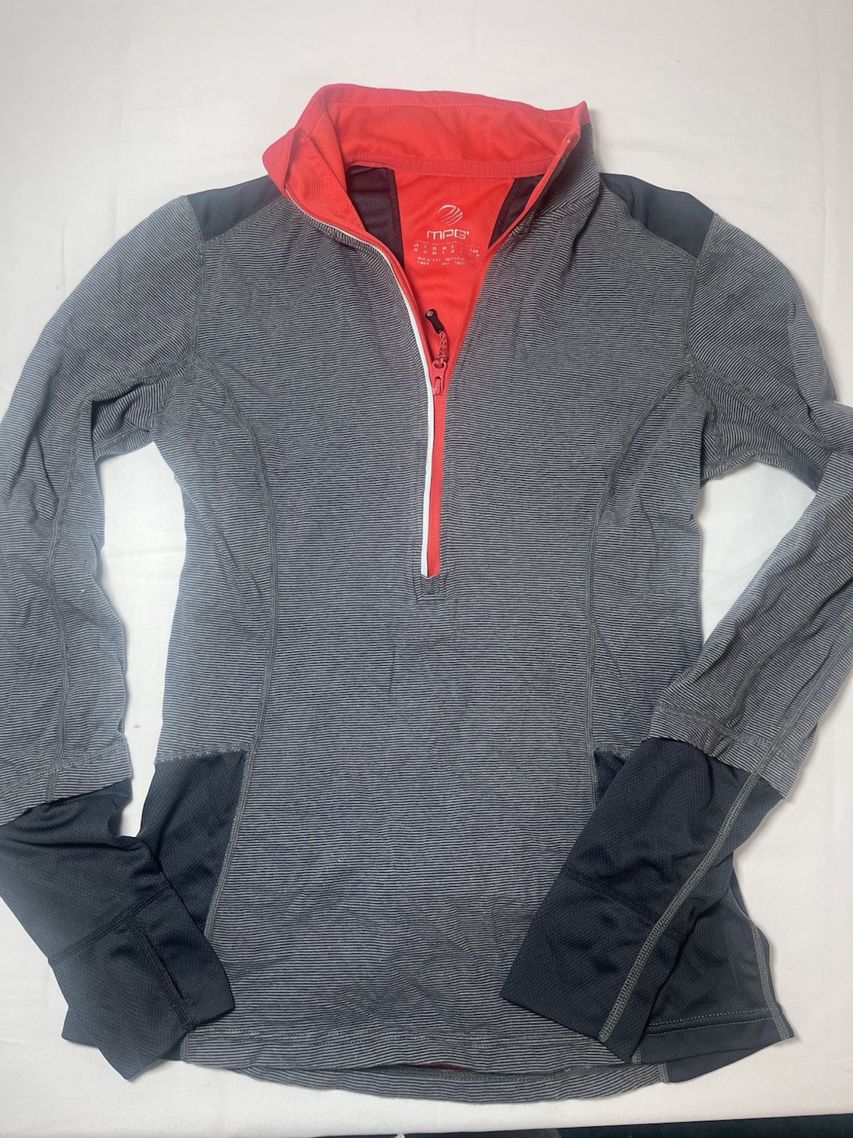 MPG Women’s Activewear Top S Gray Red Black Striped 1/4 Zip Mock Neck LS