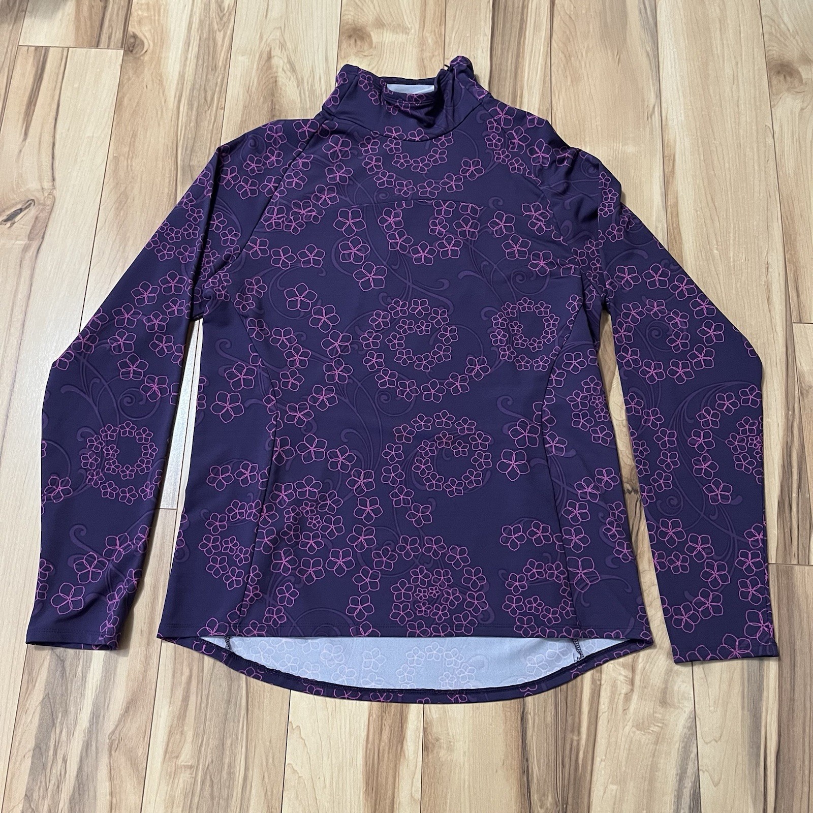 LL BEAN Women’s Sz L Mock Neck Long Sleeve Purple Swirl Pattern Activewear
