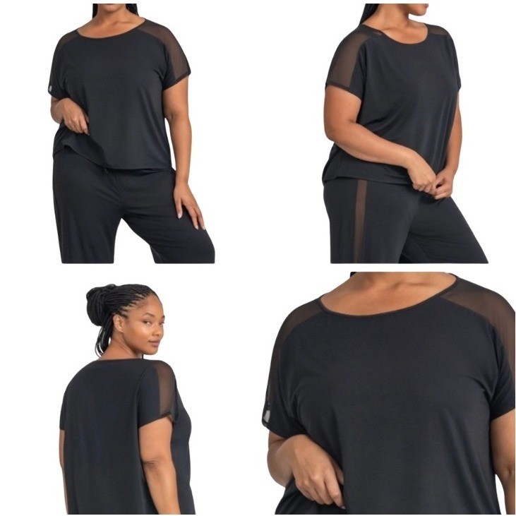 Honeylove BlissWear Black Mesh Sleeve Relaxed Fit Top Minimal Chic Athleisure