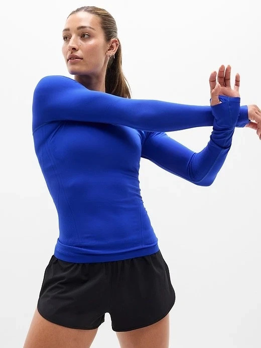 Athleta L LARGE Momentum Seamless Top, Varsity Blue Fitted Shirt Workout Run NWT