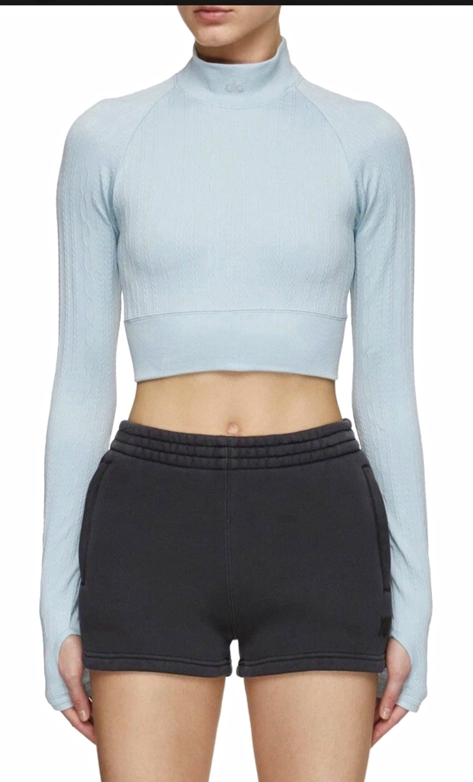 ALO Seamless Cable Knit Mock Neck Cropped Top Light Blue size XS