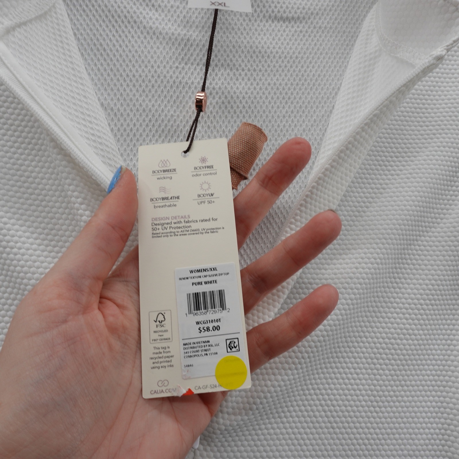 Calia Golf Renew Texture Cap Flutter Sleeve Zip Top Pure White XXL NEW